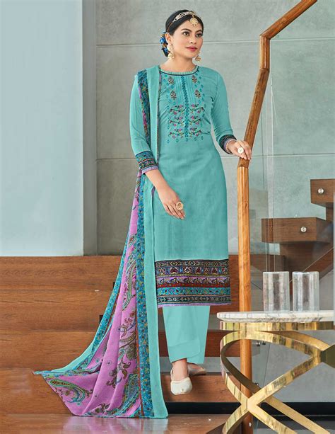 Unstitched Cotton Women Aqua Blue Suit Material with Embroidery – Stilento
