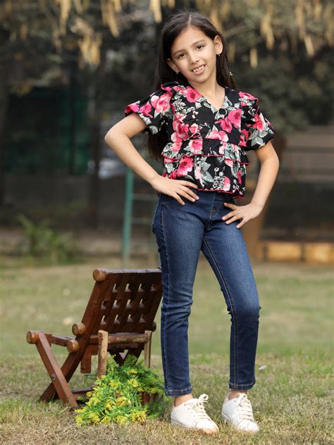 Cutiekins Floral Printed V-Neck Front Cut Top -Black & Pink