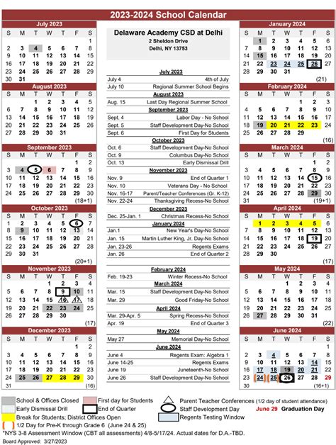 Academic Calendar | Delaware Academy CSD at Delhi