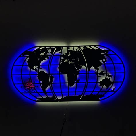 Buy World Map Metal Led, Wall Art, Led Map Decor, Led Metal Sign ...