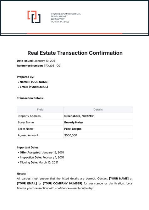 Free Real Estate Transaction Confirmation Template to Edit Online