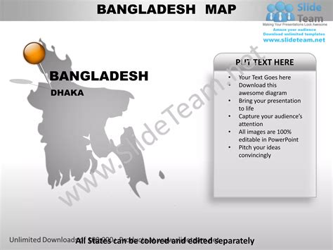 Editable bangladesh power point map with capital and flag templates slides outlines region | PPT