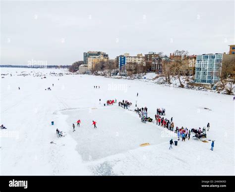 Aerial photograph over frozen Lake Mendota, on the occasion of the ...
