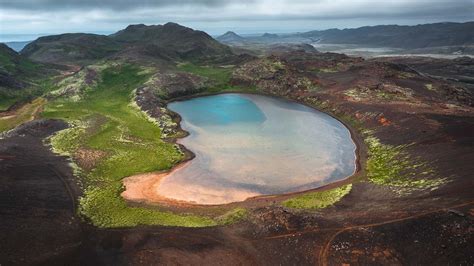 Aerial view from on Arnarvatn lake at Reykjanes peninsula in Iceland ...