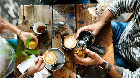 Top view of friends sharing a coffee break at a cafe table They are ...