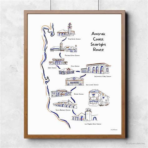 Amtrak Coast Starlight Route Map: Illustrated Train Travel Art Print - Etsy