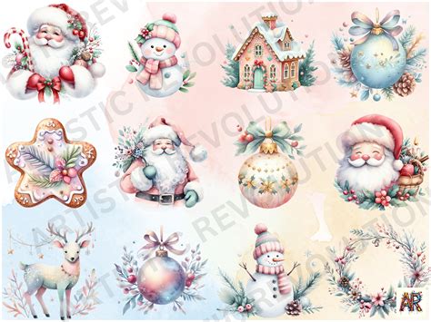 Cute Pastel Christmas Clipart Bundle PNG Watercolor Xmas Clip Art Pink ...