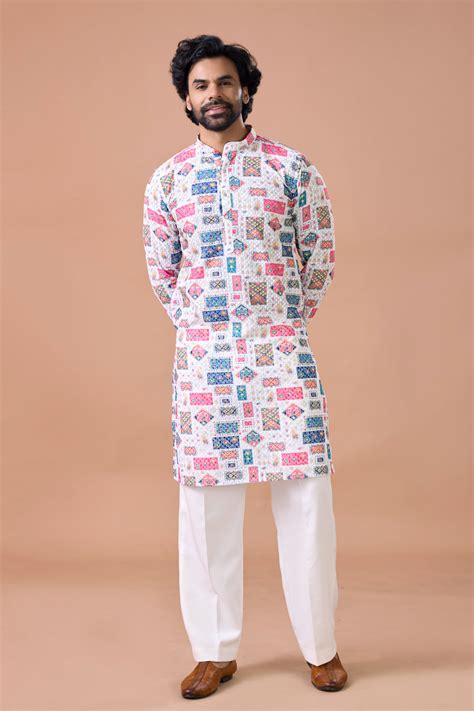 Print Kurta Set for Men | Festive Mosaic Kurta with White Pants ...