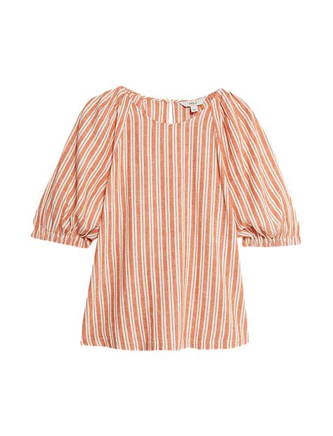 Buy Linen Rich Striped Puff Sleeve Blouse at Marks & Spencer
