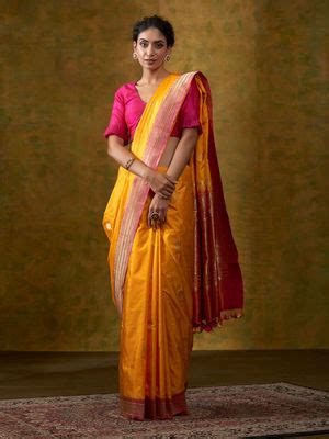 Buy WeaverStory Mustard Handloom Pure Katan Silk Banarasi Saree With ...