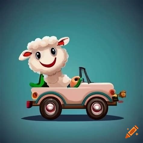 A cheerful sheep driving a jeep in a cartoon style on Craiyon