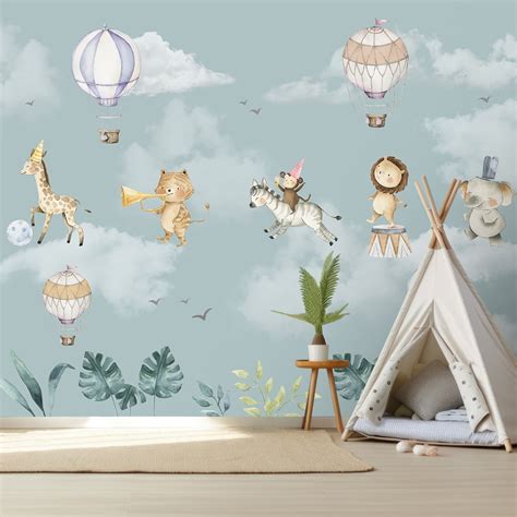 Cute Jungle Animals Children Room Wallpaper, Blue | Life n Colors