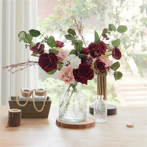 Anna's Whimsy Artificial Flowers with Vase Red White Roses Silk Flowers ...