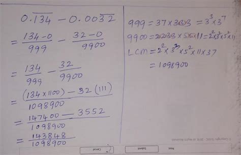 0.134(bar in 134) subtract 0.0032(bar in 32) Express the result in the ...