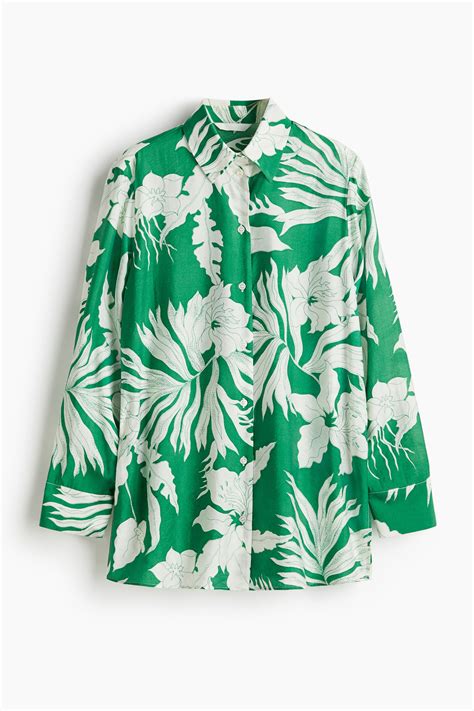Oversized hemd met dessin - Groen/witte bloemen - DAMES | H&M BE