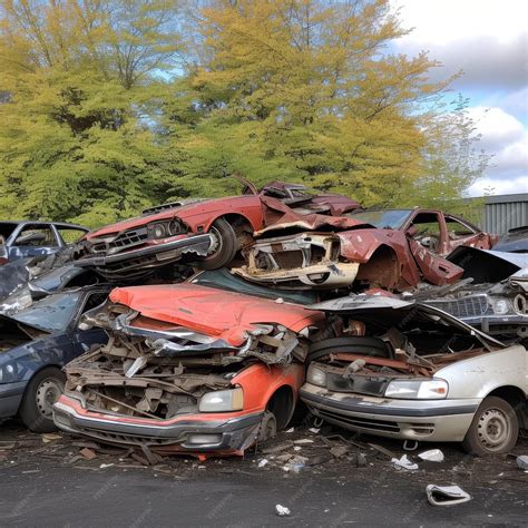 Premium Photo | Pile of wrecked cars in a junkyard with trees in the ...