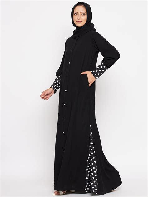 Nabia Women Black Polka Abaya/Burqa With Georgette Scarf
