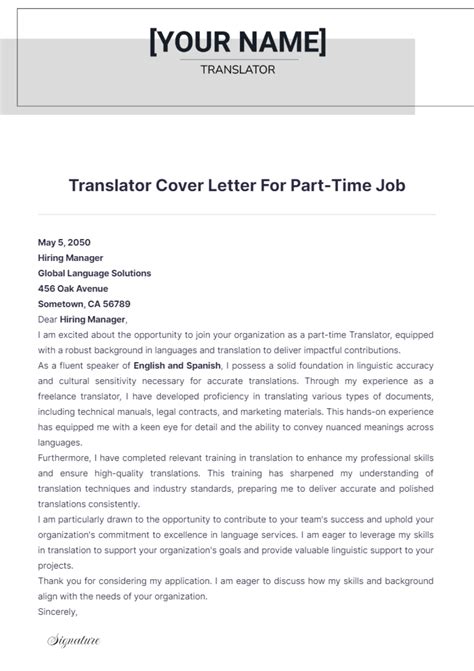 Free Translator Cover Letter For Part Time Job Template to Edit Online