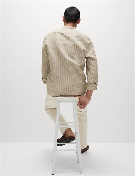 Buy Cotton Linen Blend Striped Grandad Collar Shirt at Marks & Spencer