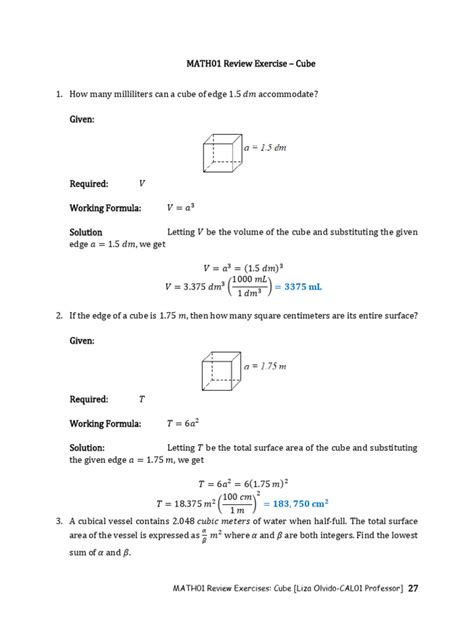 MATH01 Cube Review Exercises | PDF