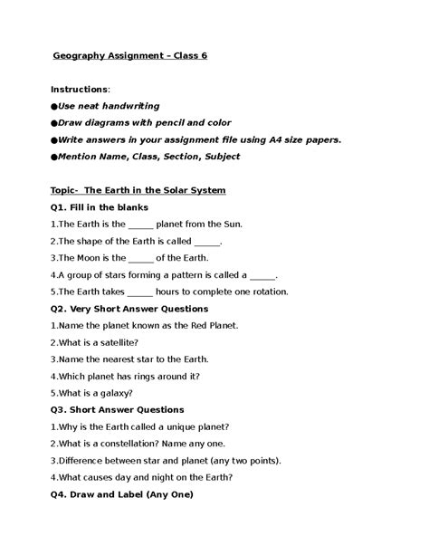 Geography Assignment: The Earth in the Solar System - Class 6 - Studocu