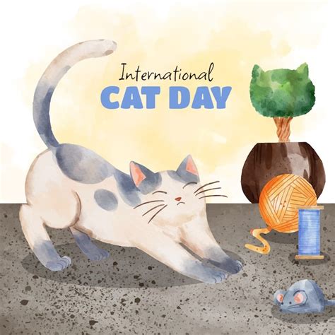 Watercolor international cat day illustration with cat and toys | Free ...