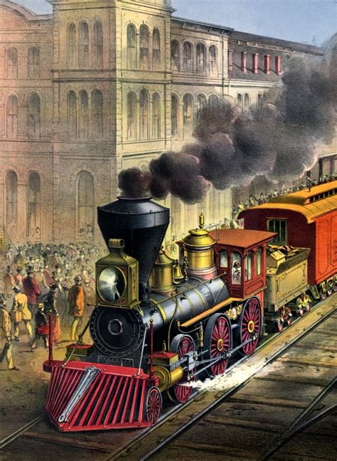 Railroad 1874 NAmerican Railroad Scene Lightning Express Trains Leaving ...