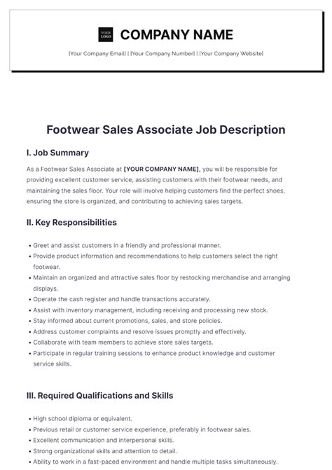 Free Footwear Sales Associate Job Description Template to Edit Online