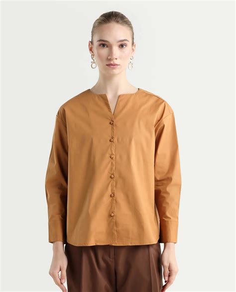 Rareism Women's Nagoya Light Brown Crew Neck Plain Cuffed Sleeve Regul