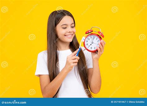 Time To Brushing Teeth. Clock Alarm Fork daily Routine. Happy Teenager Portrait. Dental Care ...