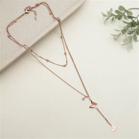 ROSE GOLD TONE TWO LAYER ANTI TARNISH SHORT CHAIN - LITTLE BUTTERFLY