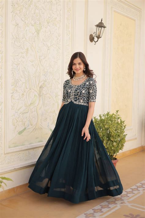 Luxurious Zari-Embroidered Rama Color Gown for Discerning Wo