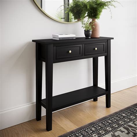 Small Narrow Black Wood Console Table with Drawers - Elms - Furniture123