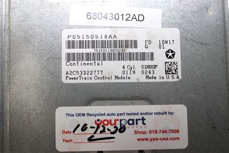 10 2.4L AVENGER SEBRING ECU ECM PCM ENGINE CONTROL COMPUTER 68043012AD ...