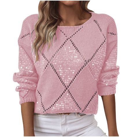 Posijego Women's Sparkly Sequin Sweaters Hollow out Crochet Knit ...
