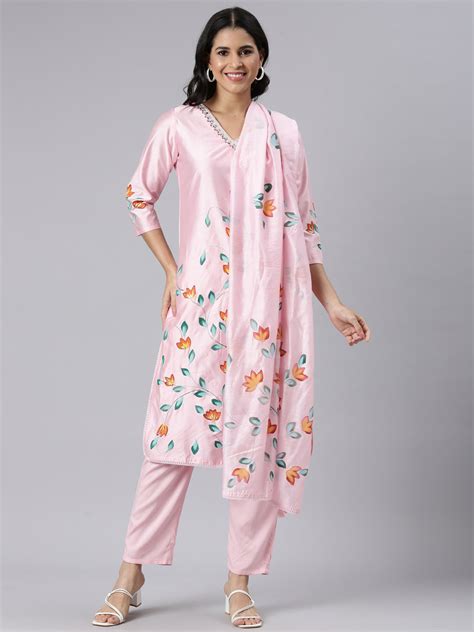 Neerus Pink Regular Straight Printed Kurta and Trousers With Dupatta ...