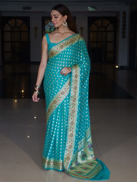 Banarasee Pure Chiffon Saree With Zari Buti Work & Floral Border-Turqu