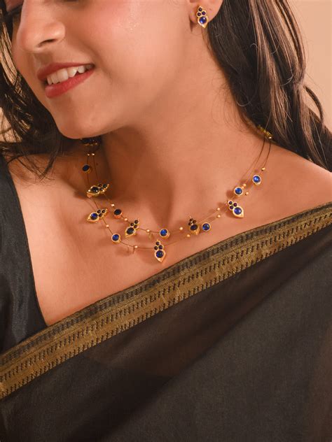 Premium Gold Finish Blue Two Layered Kemp Stones Necklace Set – Jumkey ...