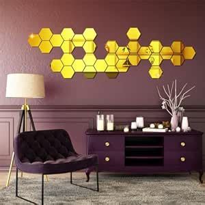 Buy WallDaddy Mirror Stickers for Wall | Pack of (32 Gold Hexagun - 3D ...