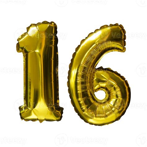 16 Golden number helium balloons isolated background. Realistic foil ...