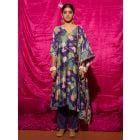 Purple Hand Embroidered Chanderi Silk Printed Suit- Set of 3
