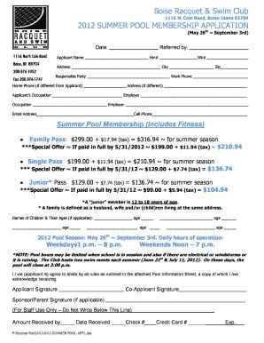 Fillable Online Boise Racquet & Swim Club 2012 SUMMER POOL MEMBERSHIP ...