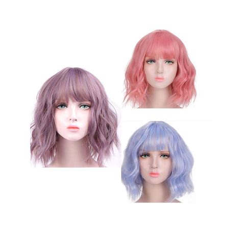 Fashion chemical fiber wig Qi bangs pink short curly corn perm wave ...