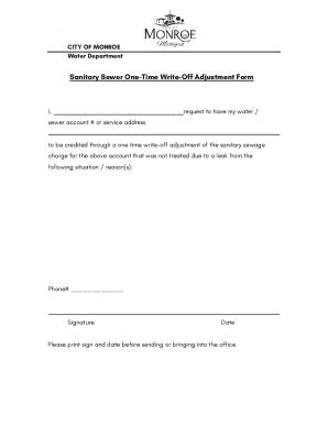 Fillable Online Sanitary Sewer One-Time Write-Off Adjustment Form Fax ...