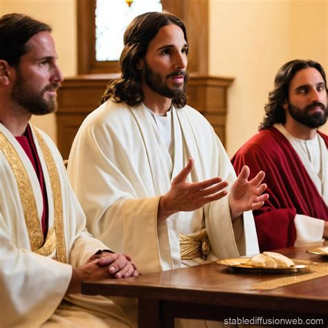 jesus christ breaking bread at the last supper with his 12 disciples ...
