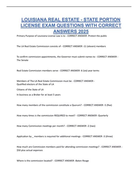 LOUISIANA REAL ESTATE - STATE PORTION LICENSE EXAM QUESTIONS WITH ...