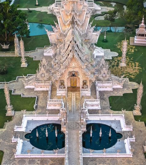 Premium Photo | Aerial view of wat rong khun the white temple at sunrise in chiang rai thailand