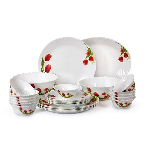 Cello Imperial Red Bloom Opalware Dinner Set, 11 inch Full Plate, 27 ...