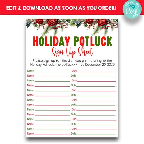 EDITABLE Holiday Potluck Sign up Sheet | Christmas Potluck Sign up ...