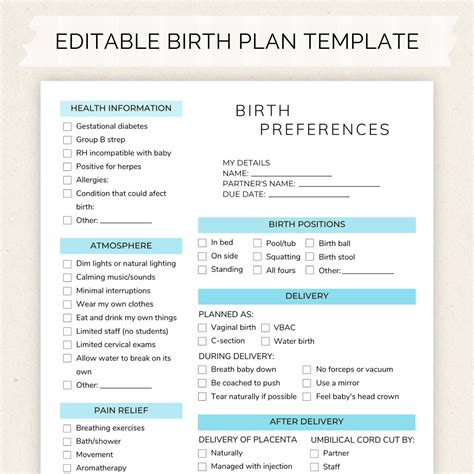 Editable Birth Plan Template for Canva | Printable Birthing Plan | Blue Birth Plan Template ...